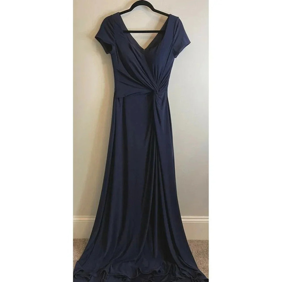 La Femme V-Neck Cap Sleeve Jersey Gown Ruching Navy Blue Formal Women’s 6 - Picture 3 of 7